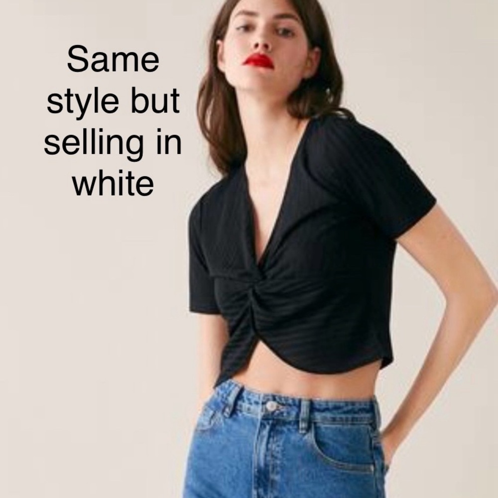 “Zara” white, wide-rib, crop top w/ twist knot front & rounded bottom - size S